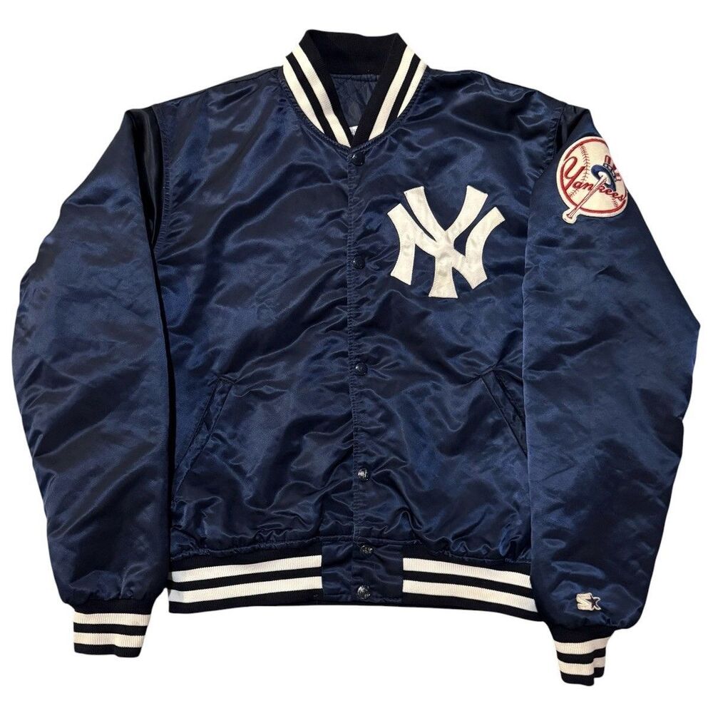 Vintage 90s New York Yankees Starter Satin Jacket Large L MLB USA Navy Blue Snap